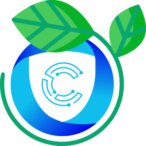 The blue circular Cyber Safety logo encircled by bright green leaves, representing the connection between the project and sustainable practices.