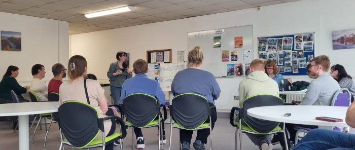 The cyber safety team deliver a codewswign workshop in the Ballyraine Community hub.